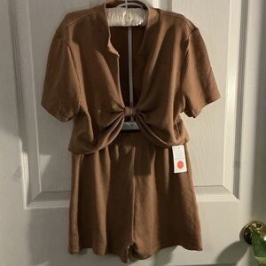 Cute,Comfy and Stylish Love J Taupe Ribbed Knot Front Crop Top & Short Set